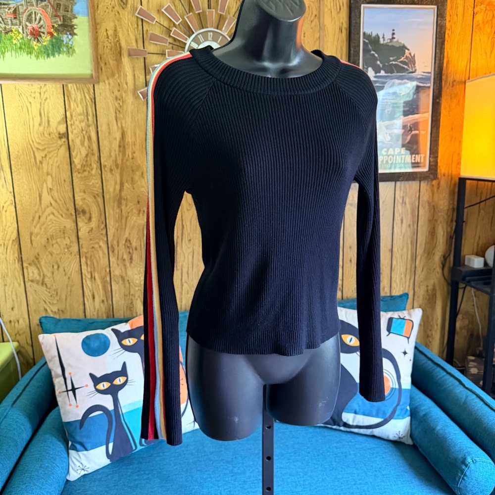 Hippie Rose Black Crew Neck Sweater with Multicolor Stripe Sleeves
